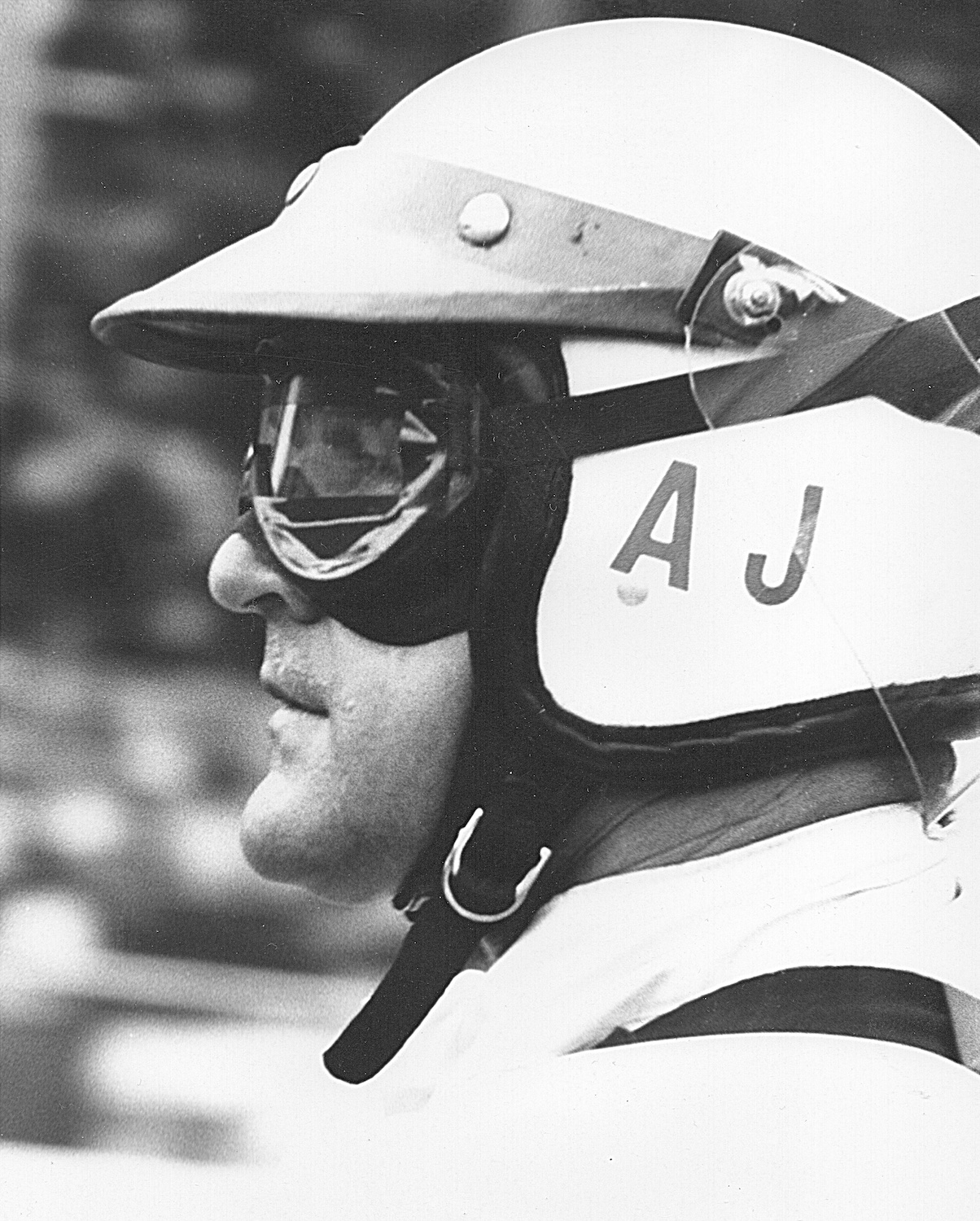 A.J. Foyt in a dirt track helmet and goggles