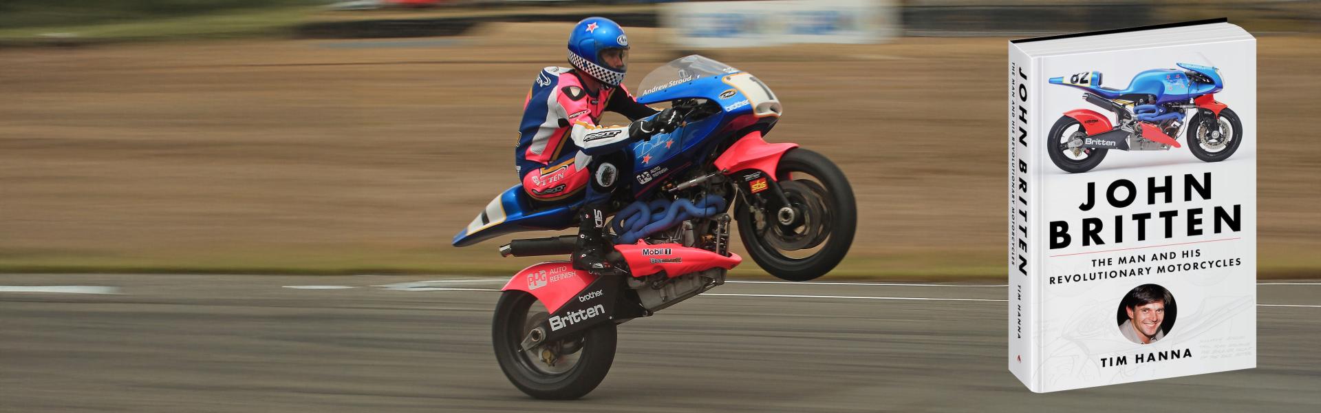 Andrew Stroud doing a wheelie on a John Britten